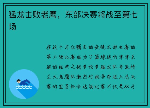 猛龙击败老鹰，东部决赛将战至第七场